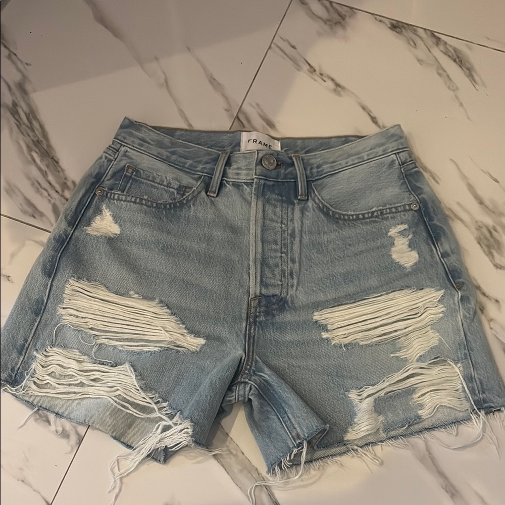 Frame Denim Blue Distressed Jean Shorts